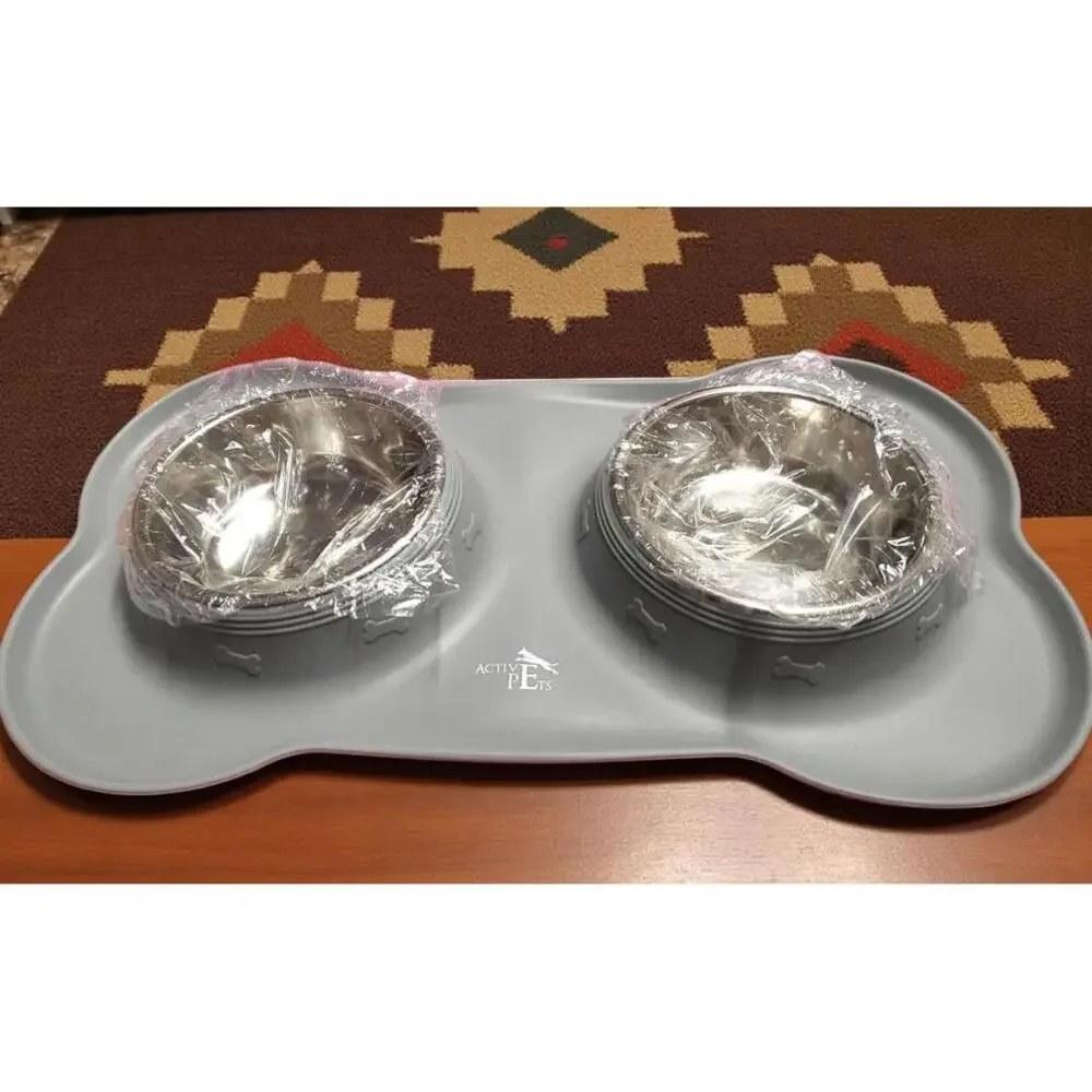 Small Active Pets Double Dog / Cat Bowls with Non-Slip Mat - New
